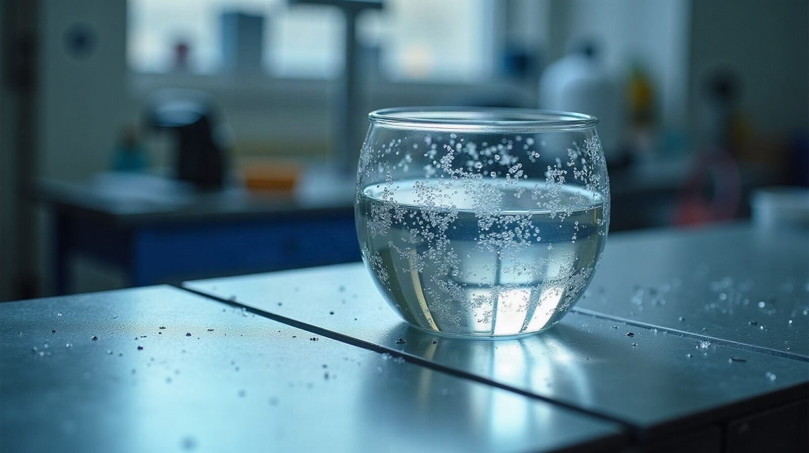 Une éprouvette graduée à moitié remplie d'eau et un bécher sur un plan de travail en inox