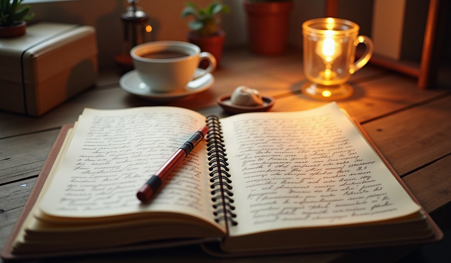 Un carnet à spirale ouvert sur un établi, couvert d'une écriture manuscrite illisible, avec un crayon et un réglet