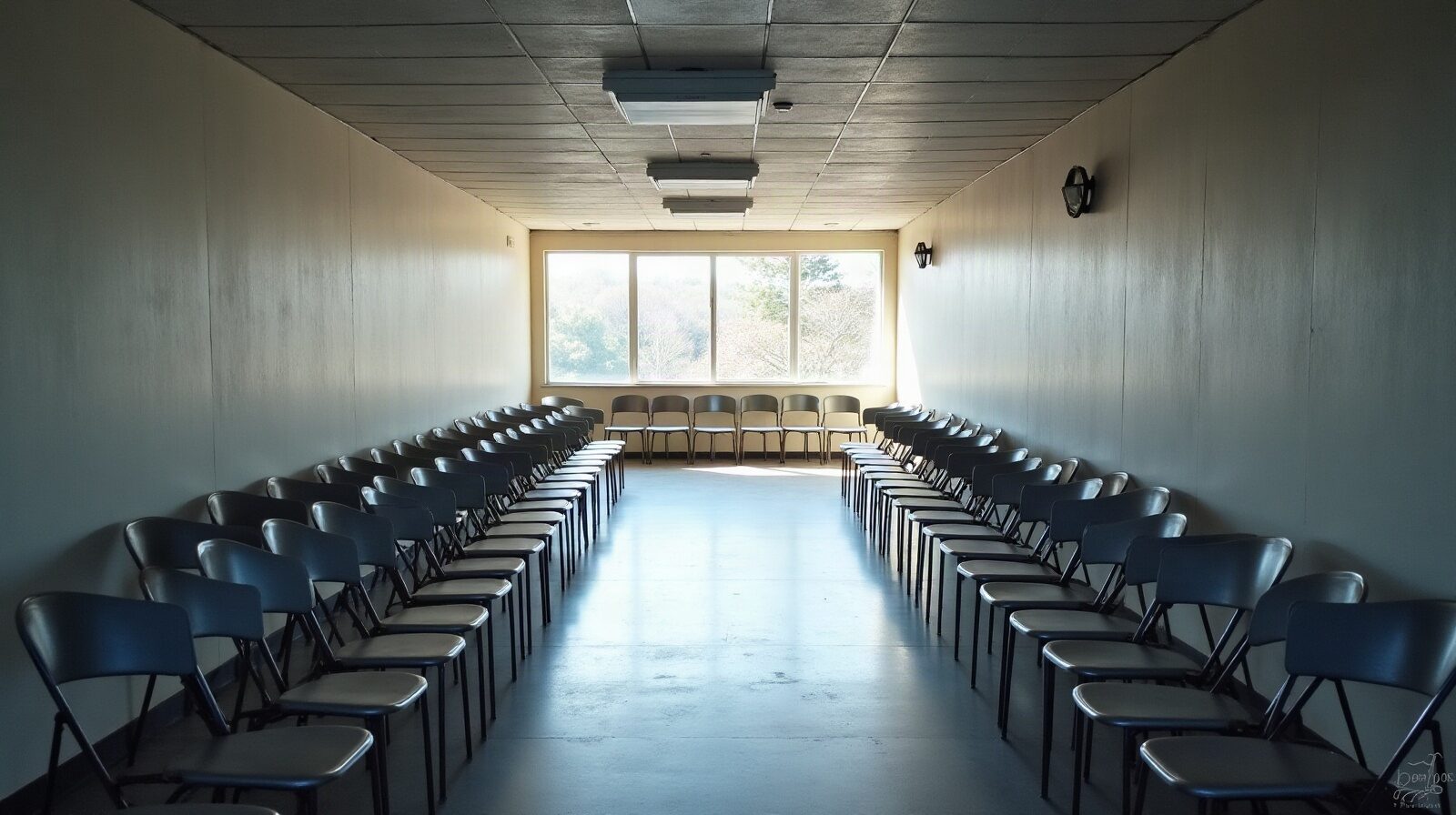 Couloir vide avec une rangée de chaises métalliques alignées contre le mur