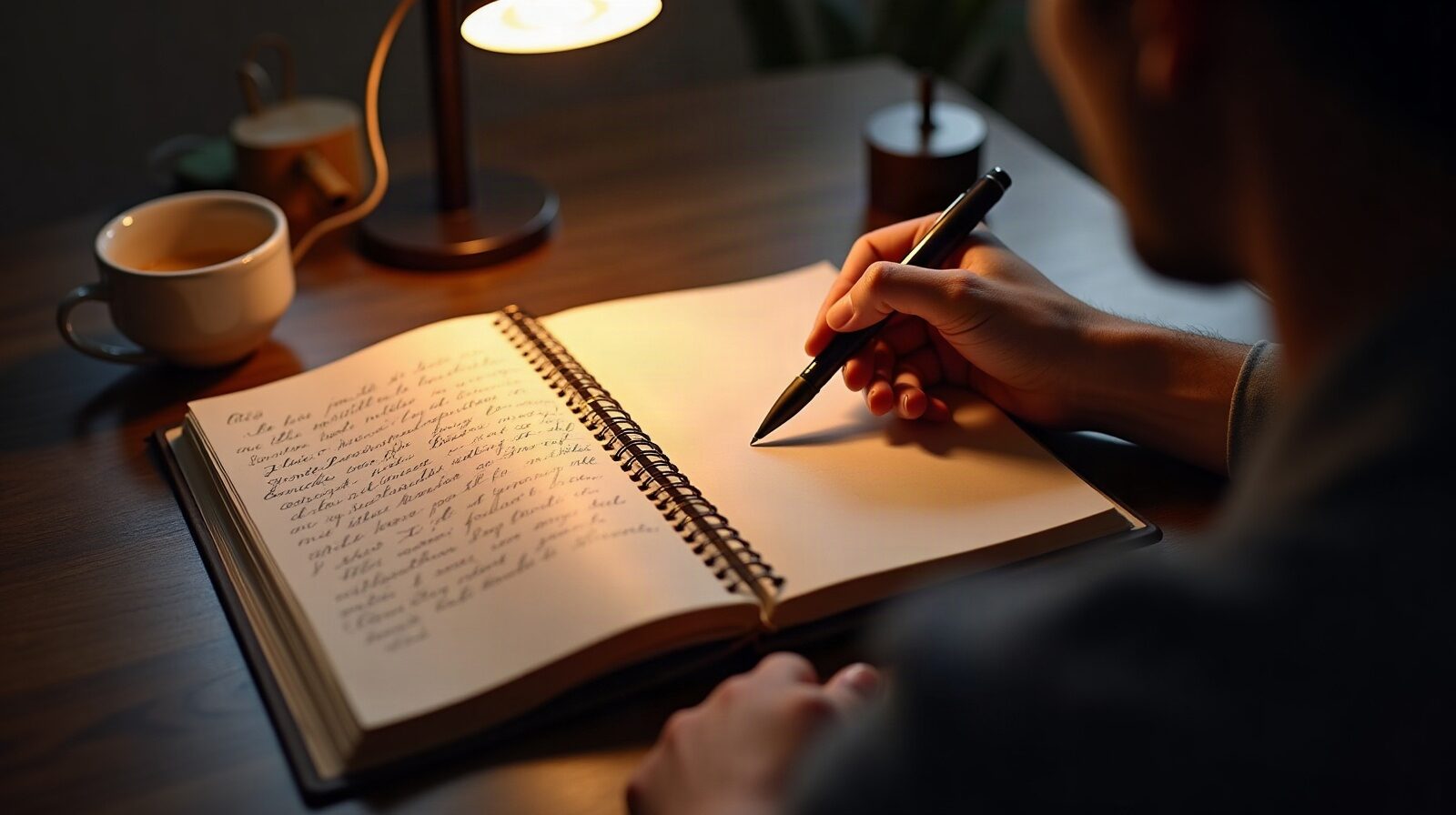 Carnet à spirale ouvert, stylo, tasse et lampe sur un bureau en bois sombre
