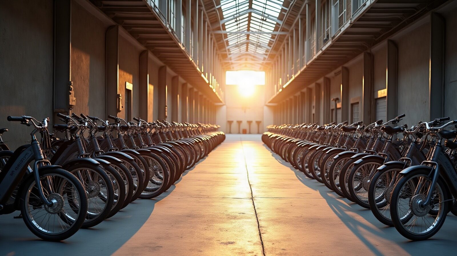 Rangée de vélos de livraison identiques alignés dans une cour