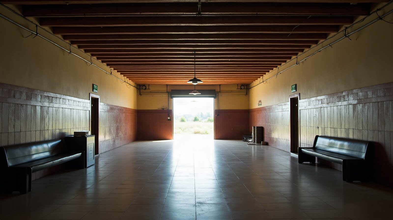 Hall désert avec un seul guichet éclairé au fond