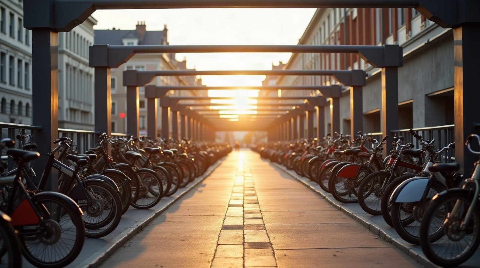 Parking à vélos vu de haut, quelques vélos garés et des emplacements libres